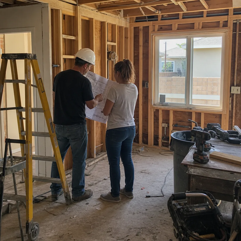 General contractor and client reviewing blueprints in a residential construction site