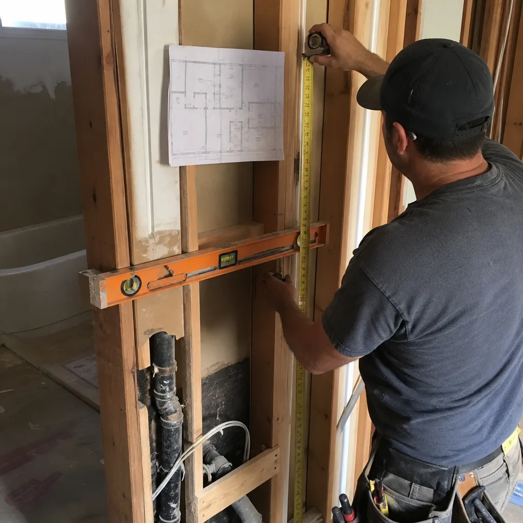 General contractor measuring wooden wall studs with tape measure and level