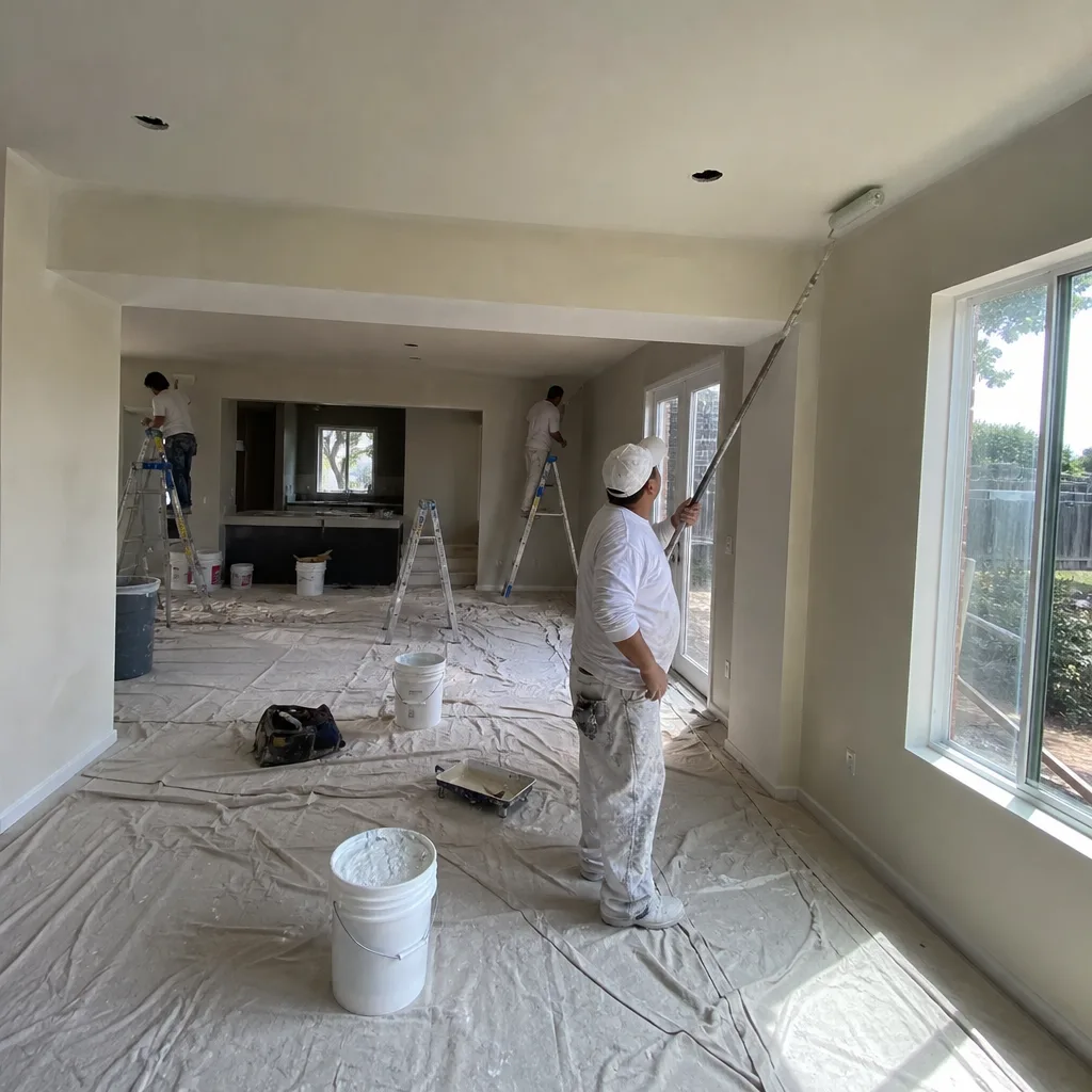 Professional painters working on interior home remodeling and ceiling painting.