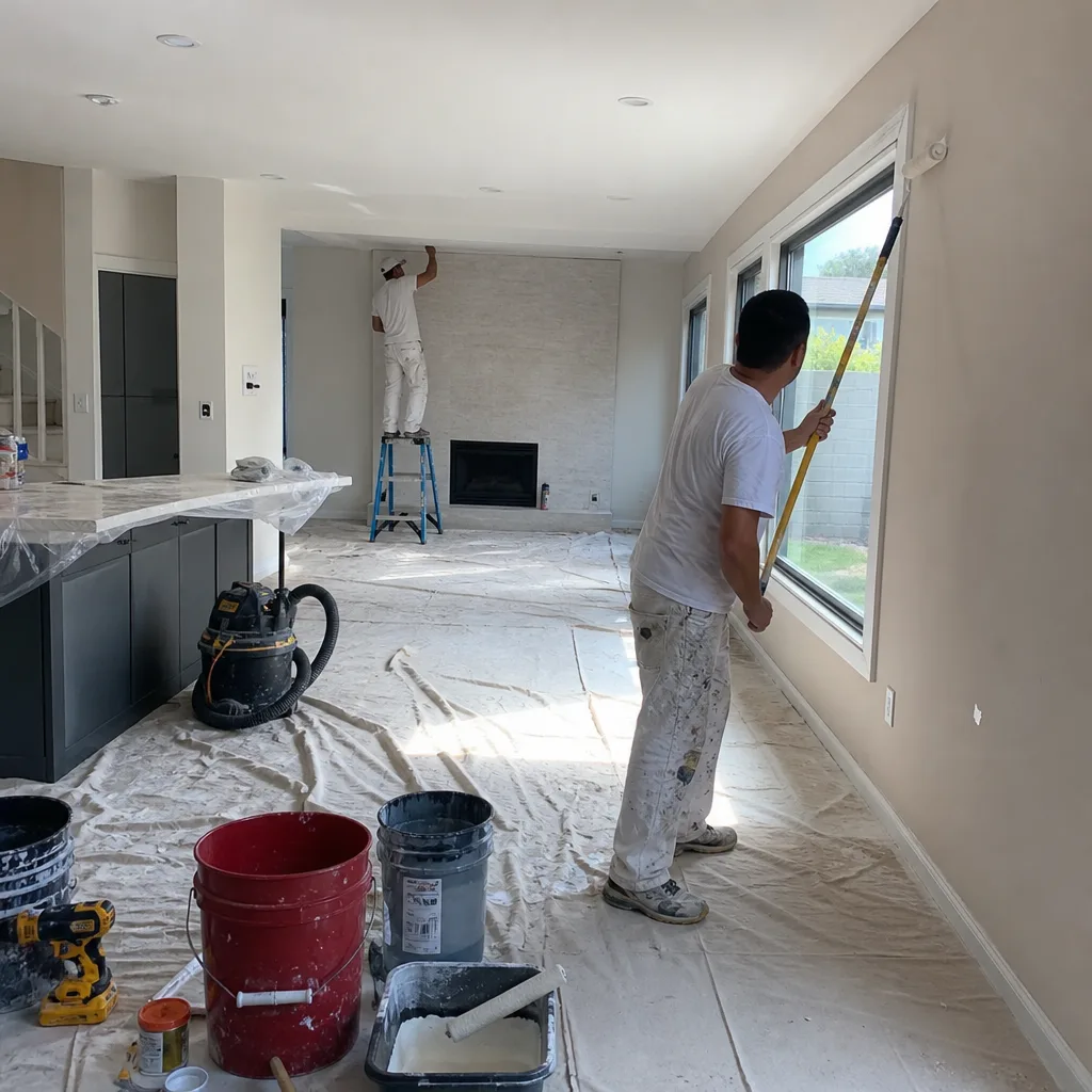 Professional contractors painting interior walls during a home remodeling project