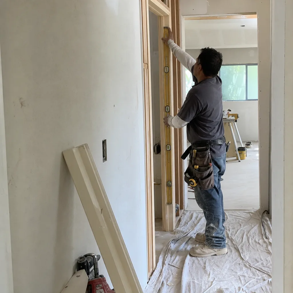 Contractor using a level to install a wooden door frame.