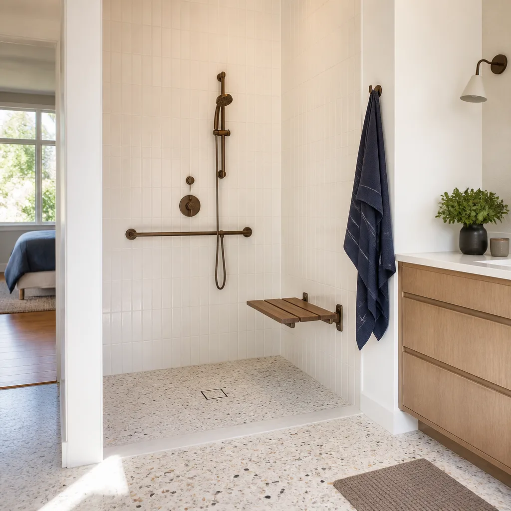 A low-threshold walk-in shower with a bench and grab bar