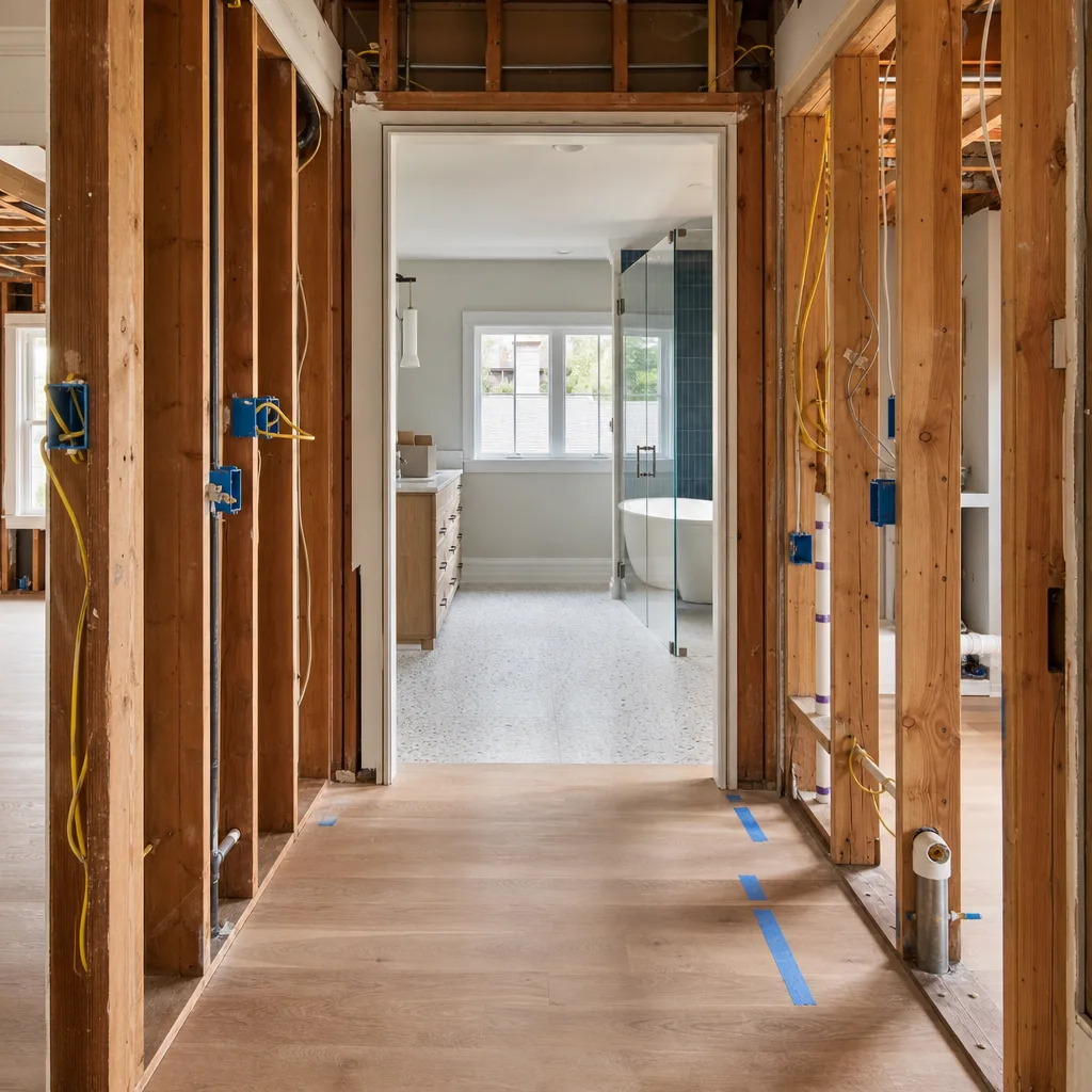 A room opened to the studs with new wiring and plumbing